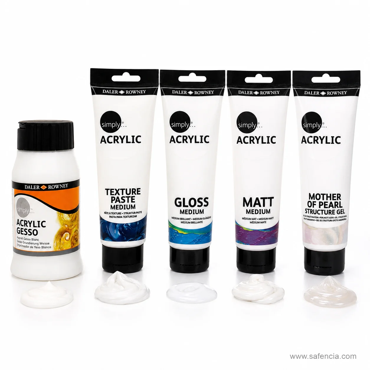 Daler-Rowney Simply mediums with each material squeezed out in front of its own tube