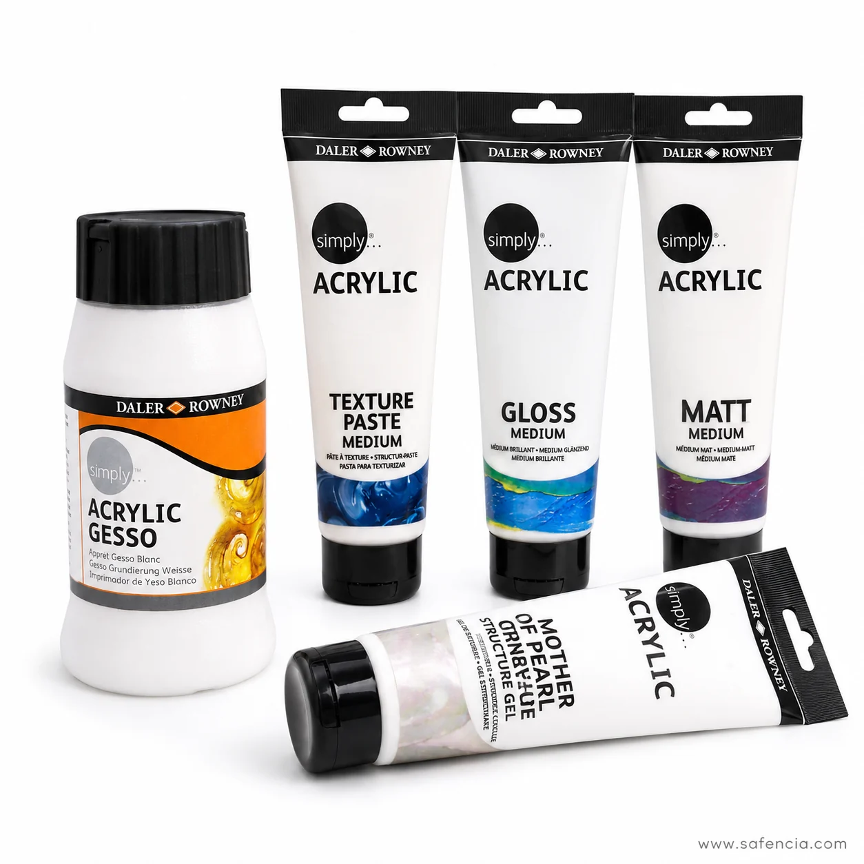 The full Daler-Rowney Simply acrylic mediums range grouped together against a white background