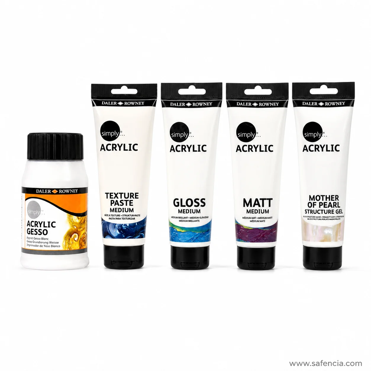 Daler-Rowney Simply medium tubes showing the names Texture Paste, Gloss, Matt and Mother of Pearl