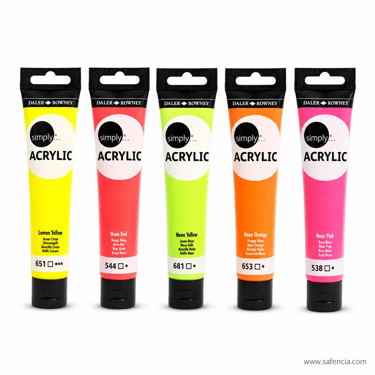 Five Daler-Rowney Simply acrylic tubes lined up in yellow red green orange and pink with codes visible