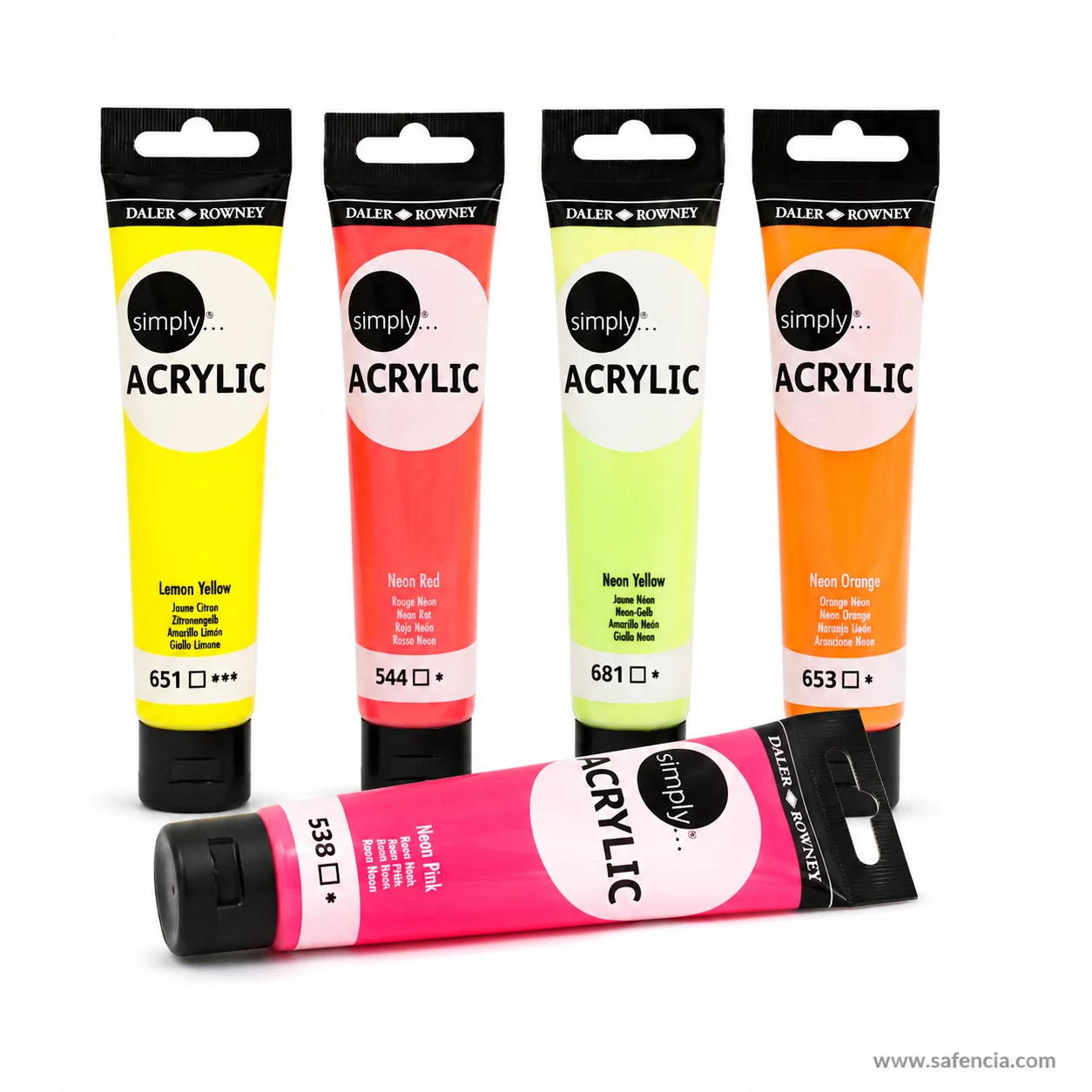 Group of Daler-Rowney Simply neon acrylic tubes with the Neon Pink tube lying across the front
