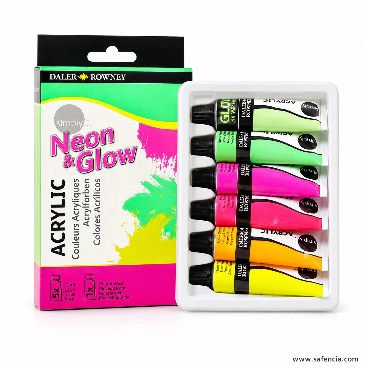 Daler-Rowney Neon and Glow carton angled beside the tray showing the pink and green pack artwork