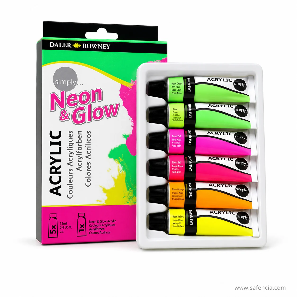 White tray holding six Daler-Rowney tubes named Neon Green Glow Green Neon Pink Neon Red Neon Orange Neon Yellow