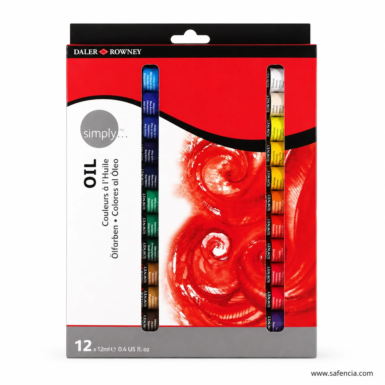 Front of the Daler-Rowney Simply Oil 12 tube carton showing the clear strips over the tubes