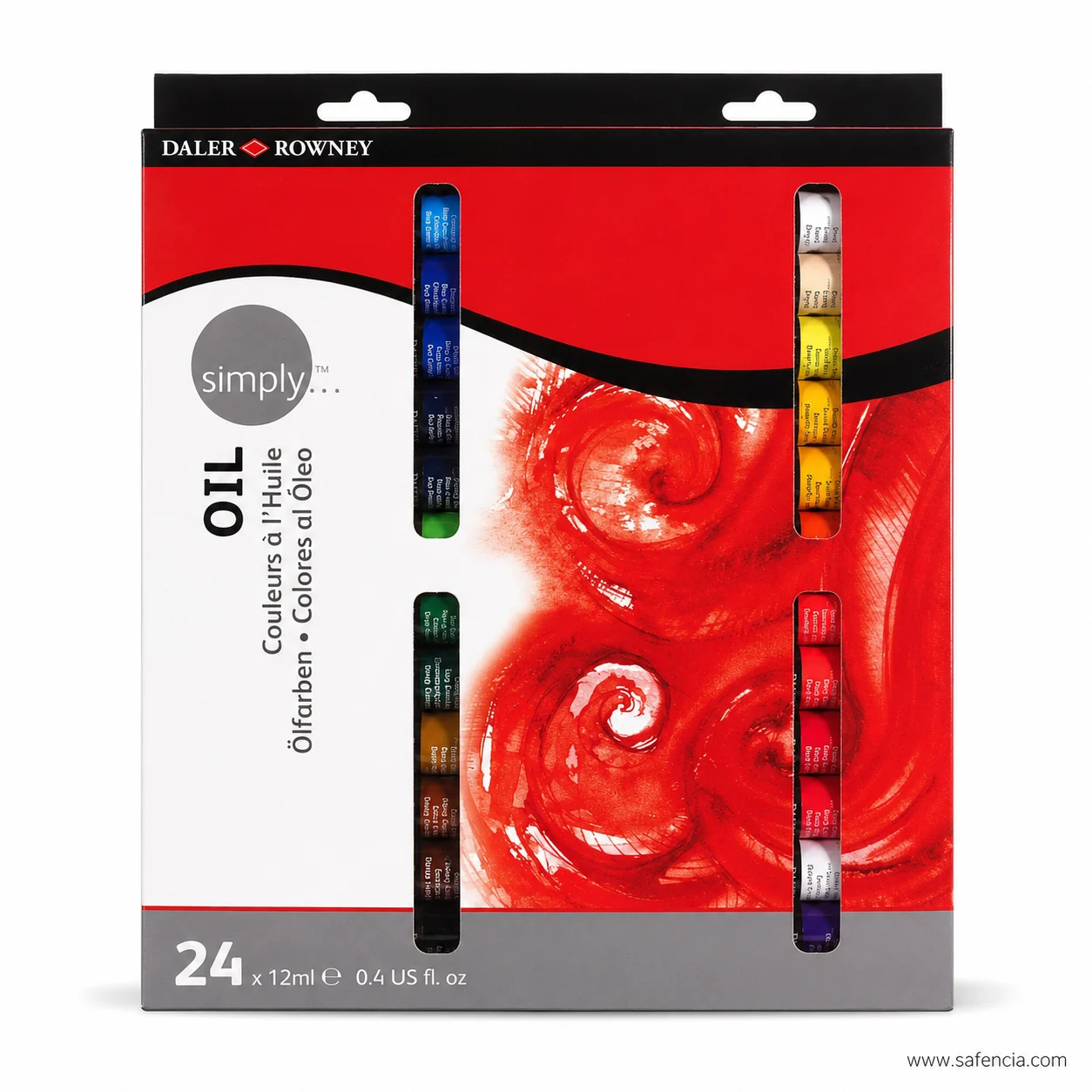 Front of the Daler-Rowney Simply Oil 24 tube carton printed 24 x 12ml with the painted rose artwork