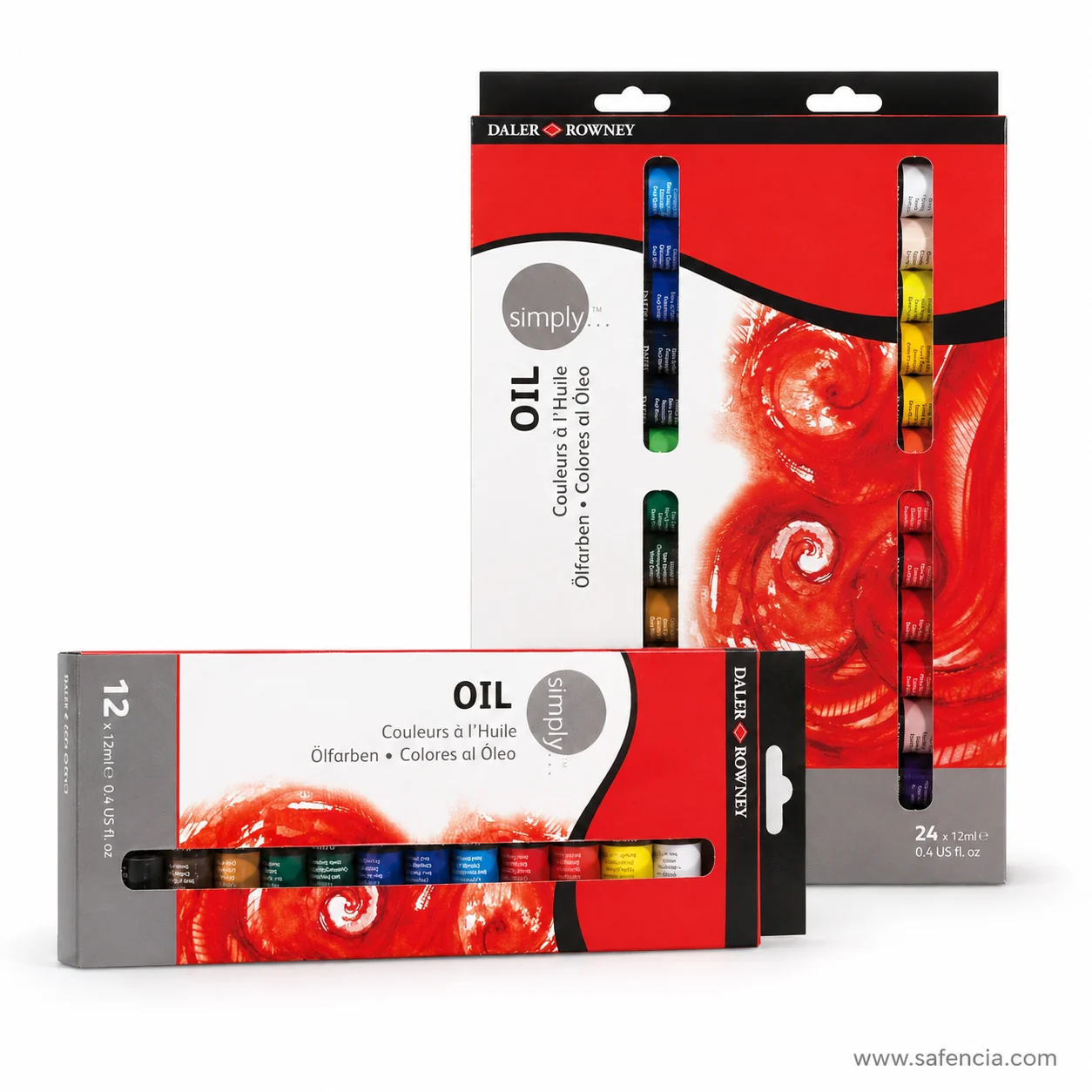 Angled view of Daler-Rowney Simply Oil cartons with the coloured tubes visible through the windows