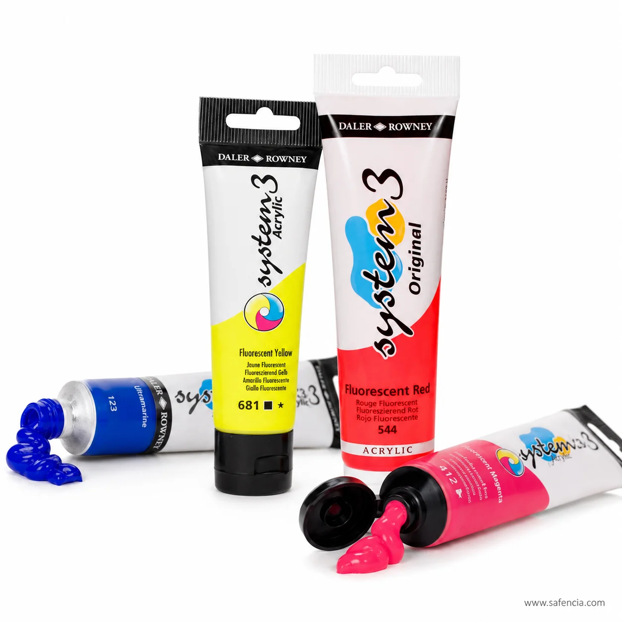 Daler-Rowney System 3 Fluorescent Yellow and Fluorescent Red tubes with pink and blue paint squeezed out