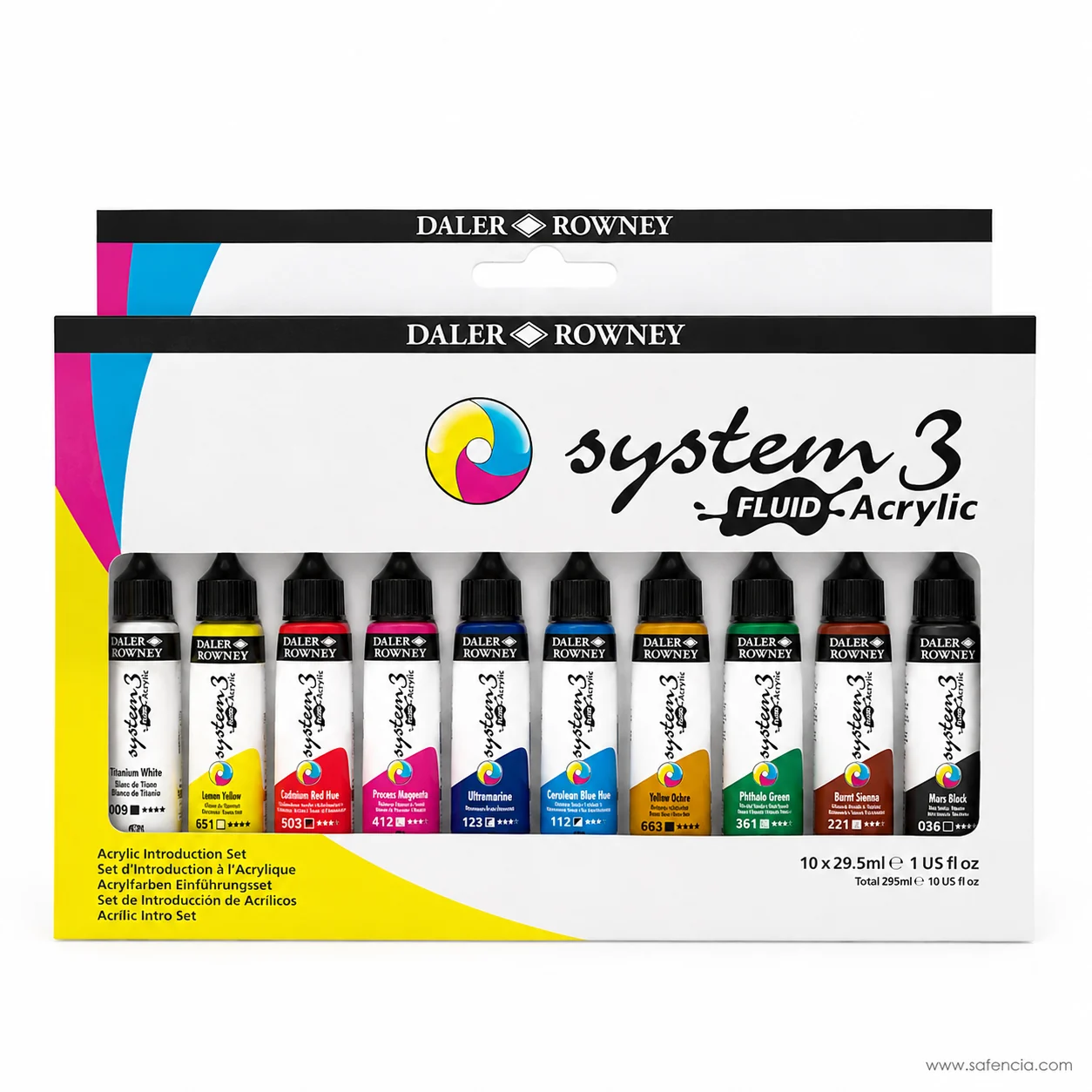 Daler-Rowney System 3 Fluid Acrylic box front listing colour names and codes beneath each bottle