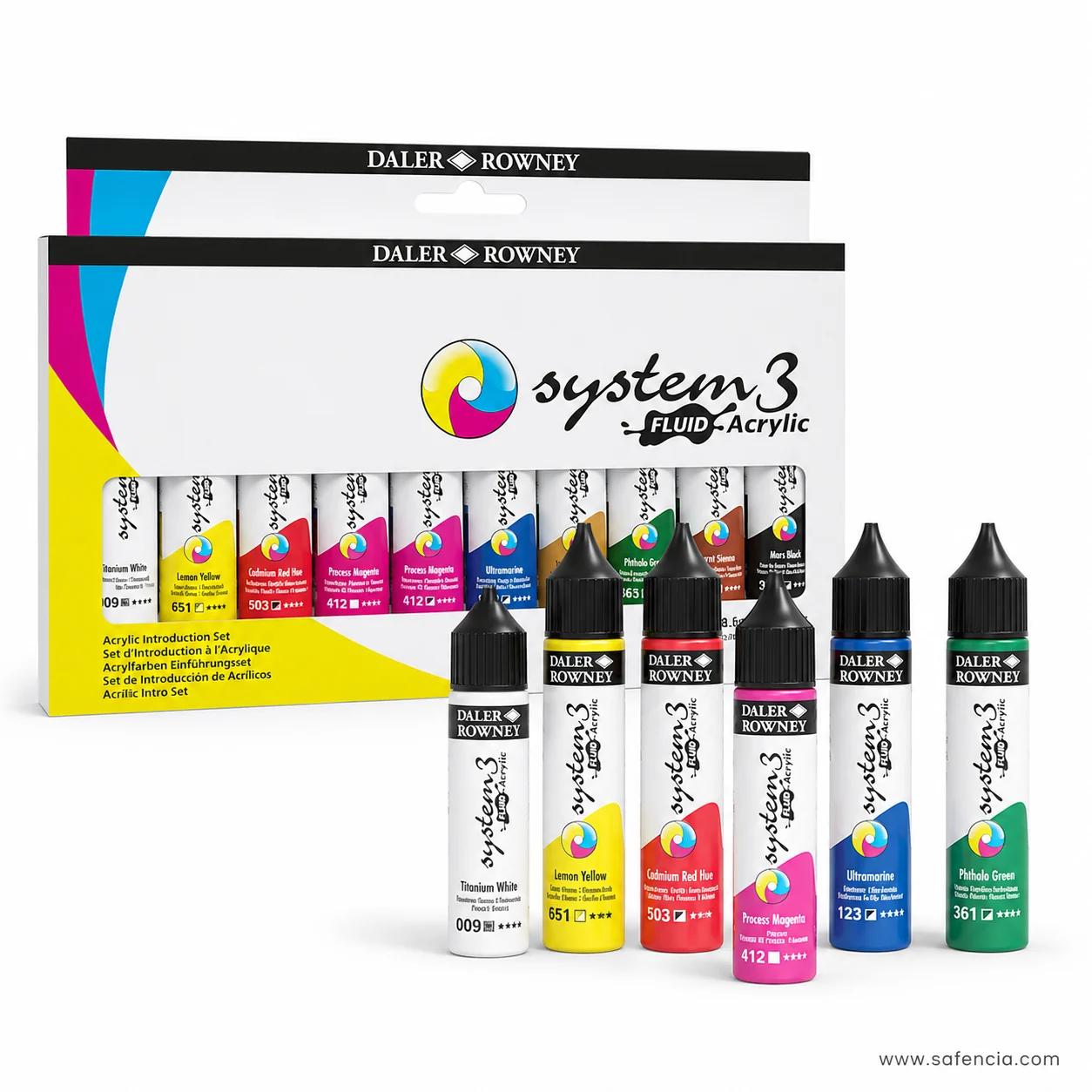 Six Daler-Rowney System 3 Fluid Acrylic nozzle bottles standing loose in white yellow red magenta blue and green