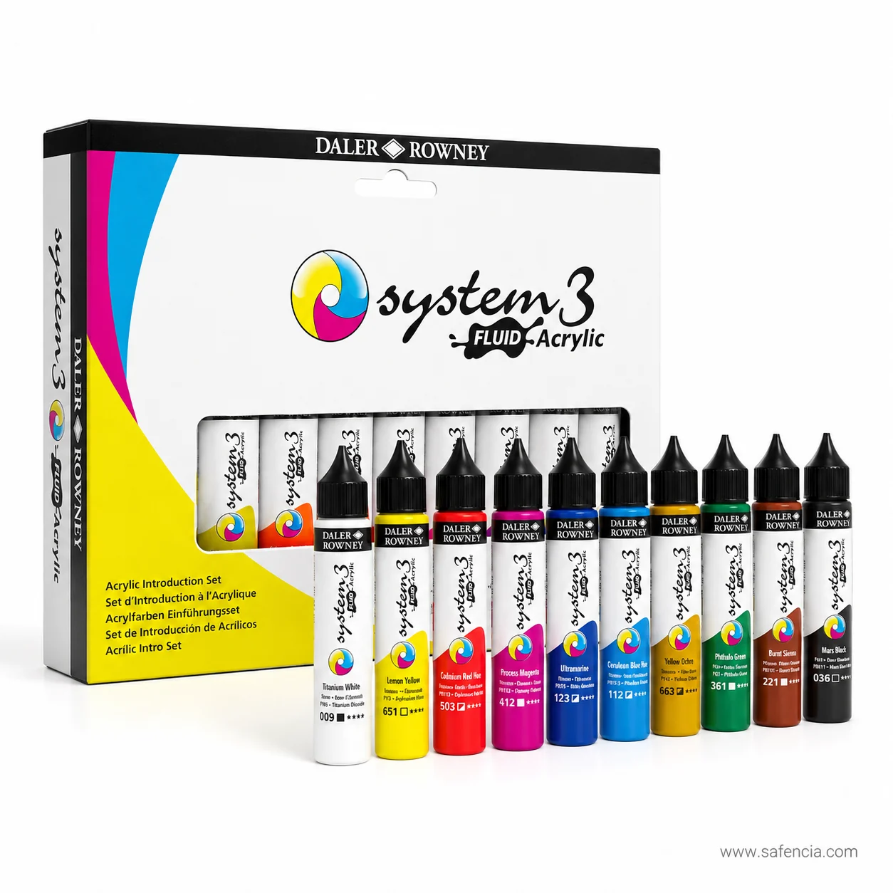 All ten Daler-Rowney System 3 Fluid Acrylic bottles lined up in front of the closed introduction set box