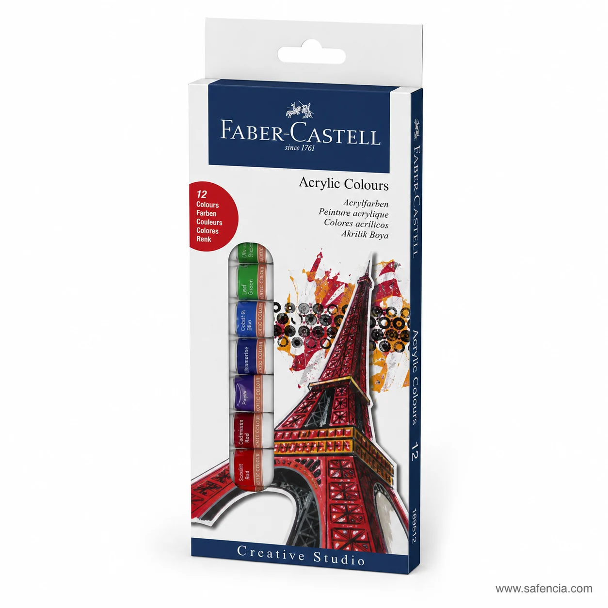 Faber-Castell Acrylic Colours carton angled to show the spine and the tubes behind the window