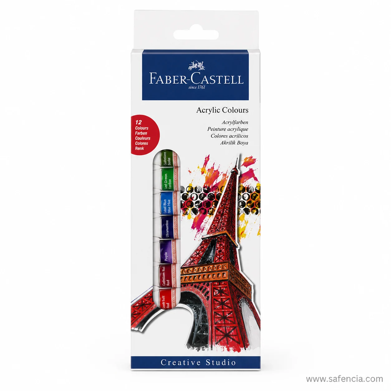 Front of the Faber-Castell Acrylic Colours carton showing the 12 Colours roundel and Eiffel Tower artwork