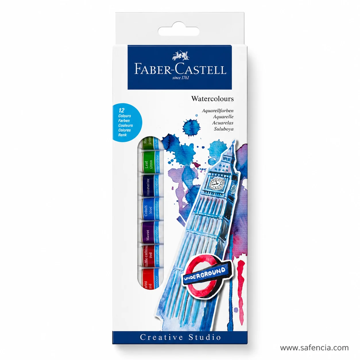 Faber-Castell watercolour carton angled so the tube labels reading Ultramarine and Cobalt Hue are legible