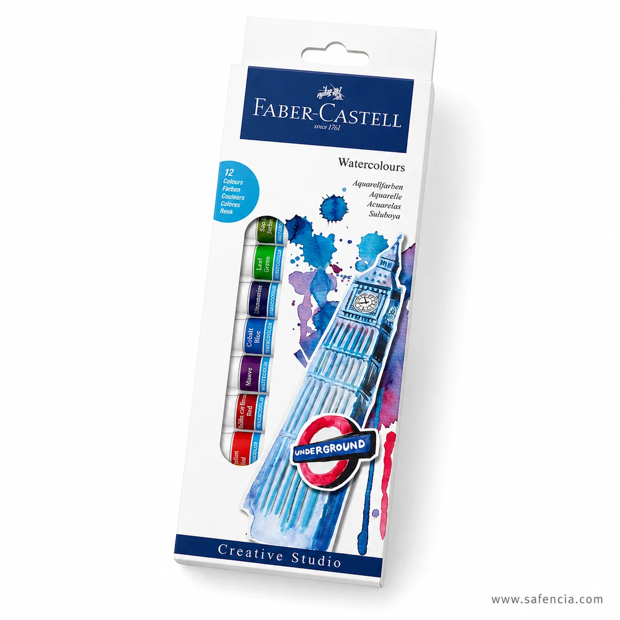 Faber-Castell watercolour carton showing the since 1761 mark and the Big Ben watercolour artwork on the face
