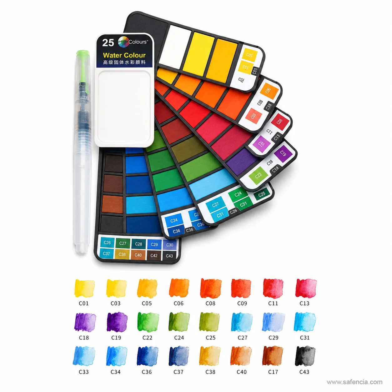 Fan-fold watercolour palette in the twenty-five colour size, fanned open beside its own swatch chart