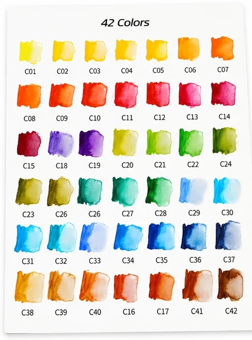 Printed swatch chart headed 42 Colors with each watercolour brushed out and labelled with its code