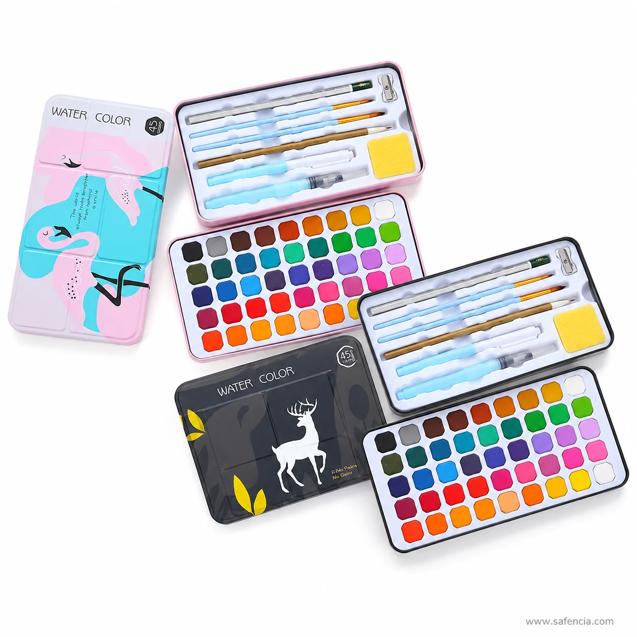 Flamingo solid watercolour sets shown with both lids, the pink flamingo and the white deer on black