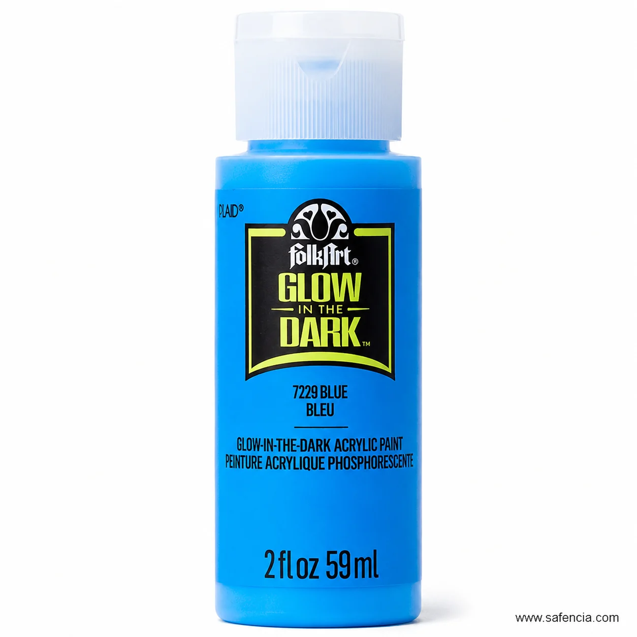 FolkArt Glow in the Dark acrylic paint bottle in 7229 Blue showing the phosphorescente line