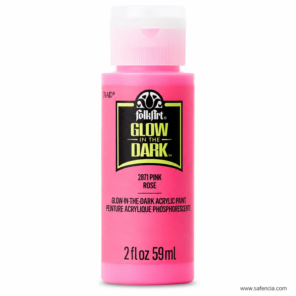 FolkArt Glow in the Dark acrylic paint bottle in 2871 Pink showing the colour name in English and French