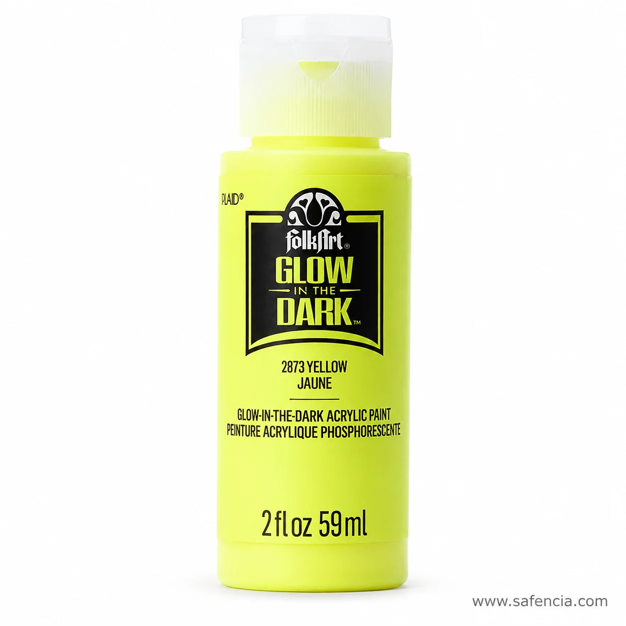FolkArt Glow in the Dark acrylic paint bottle in 2873 Yellow with the PLAID mark on the label