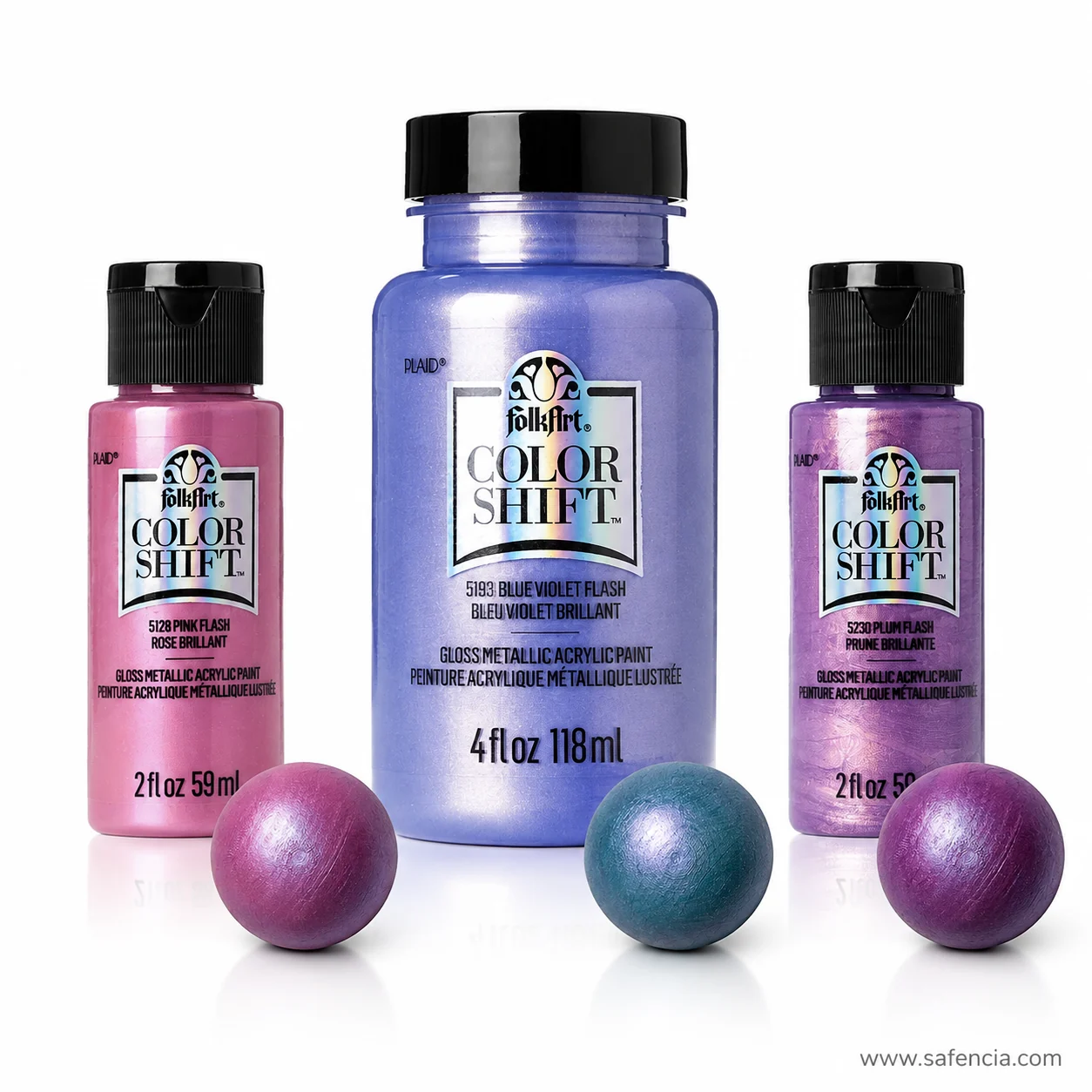 FolkArt Color Shift 2 fl oz 59ml bottles beside a larger 4 fl oz 118ml bottle of Blue Violet Flash