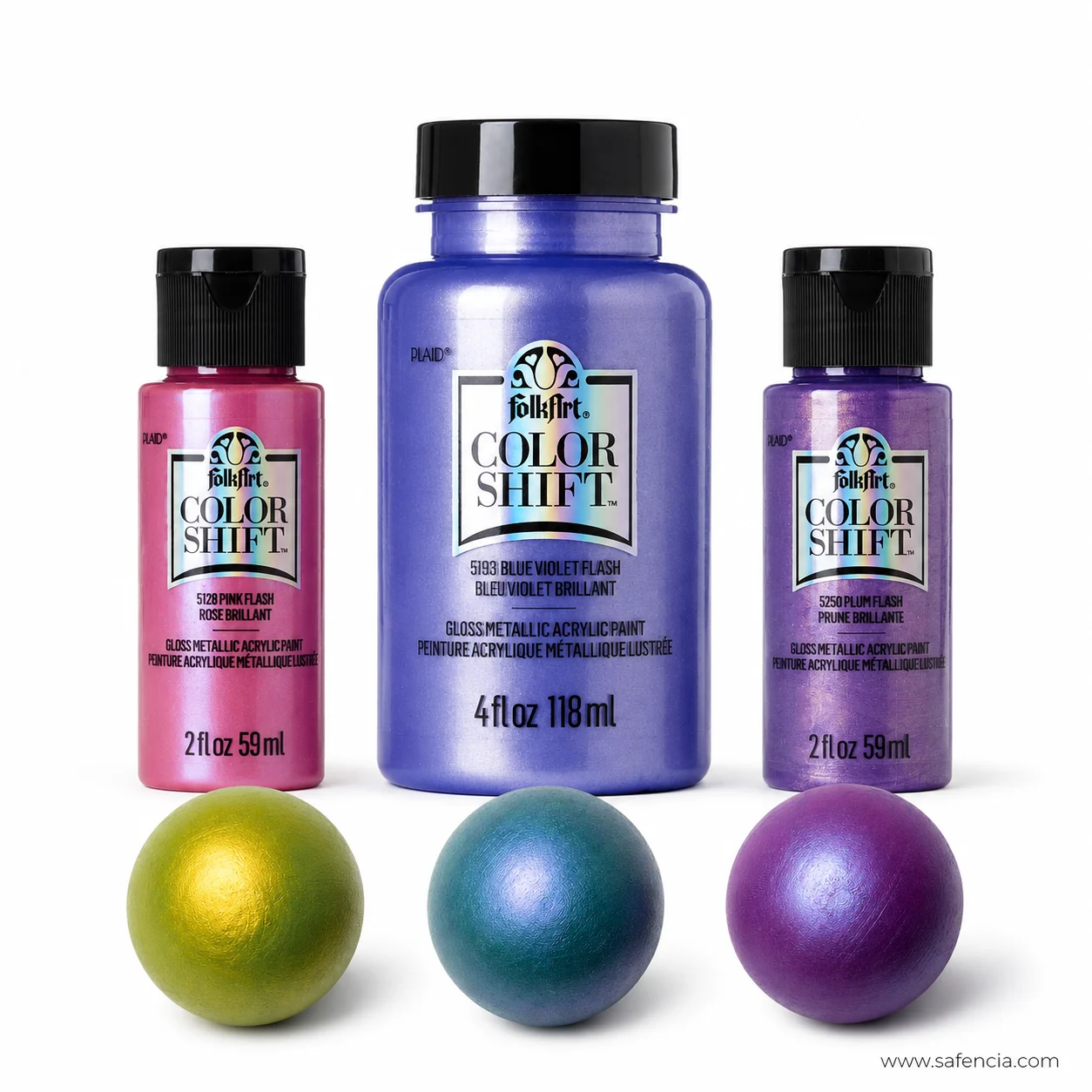 FolkArt Color Shift bottles above three painted spheres in shifting gold green teal and purple