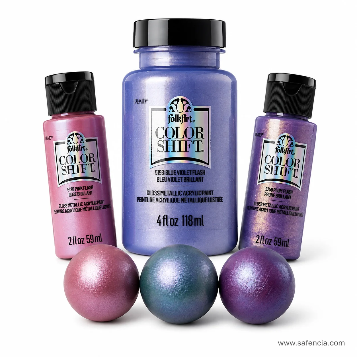 Three FolkArt Color Shift bottles in Pink Flash Blue Violet Flash and Plum Flash with painted spheres