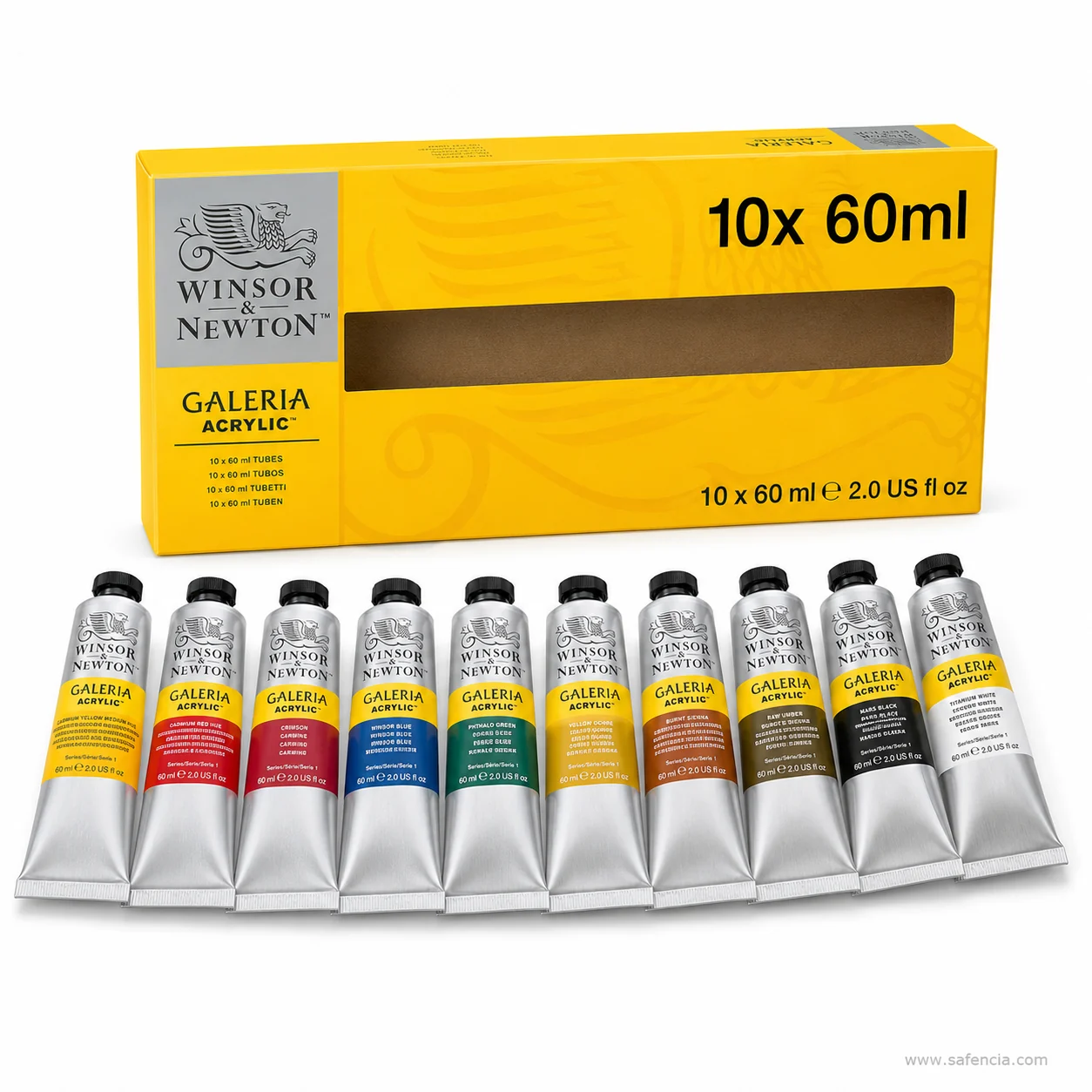 Winsor and Newton Galeria carton printed 10x 60ml above a fanned row of Galeria acrylic tubes