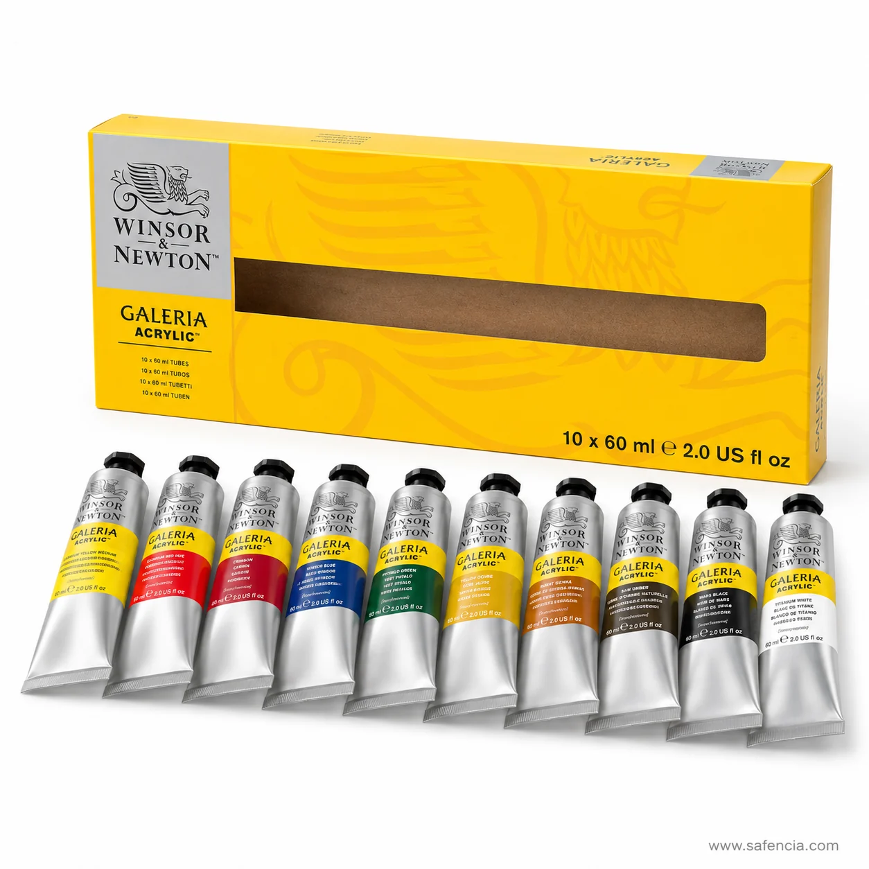 Winsor and Newton Galeria acrylic carton angled with the ten 60ml tubes stepped out in front