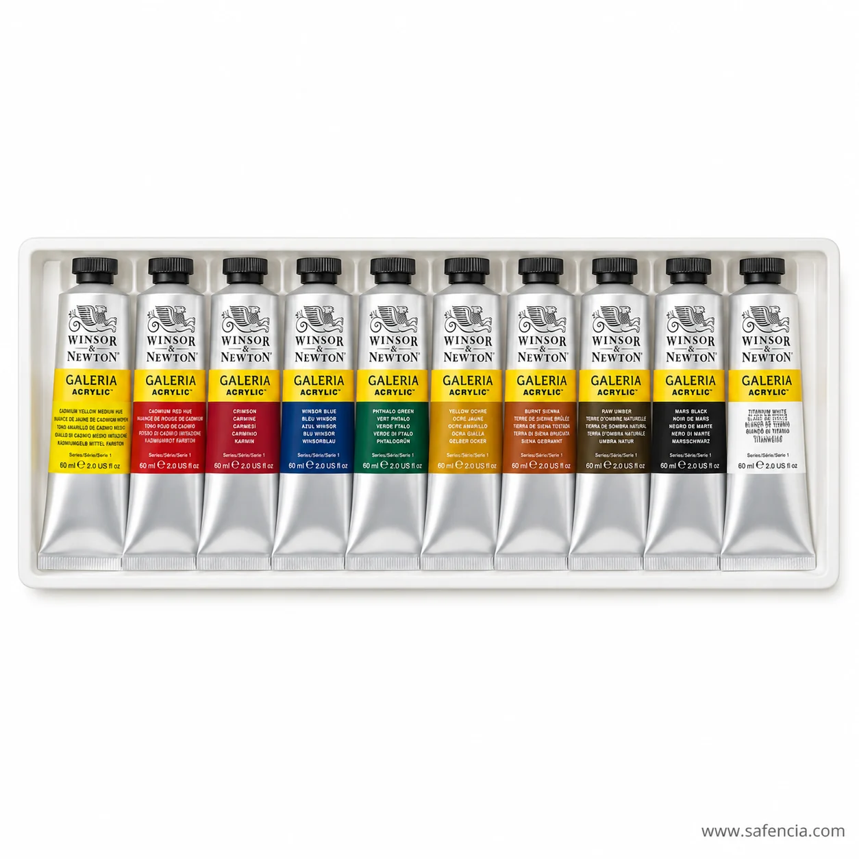 Tray of ten Winsor and Newton Galeria acrylic tubes with every colour name legible on the labels