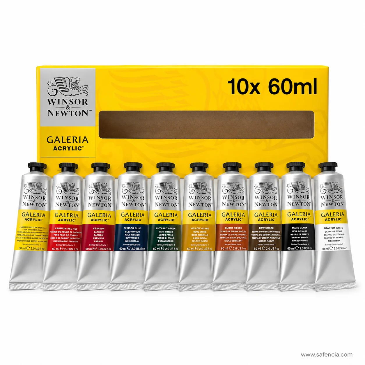 Ten Winsor and Newton Galeria 60ml aluminium tubes standing upright below the yellow carton