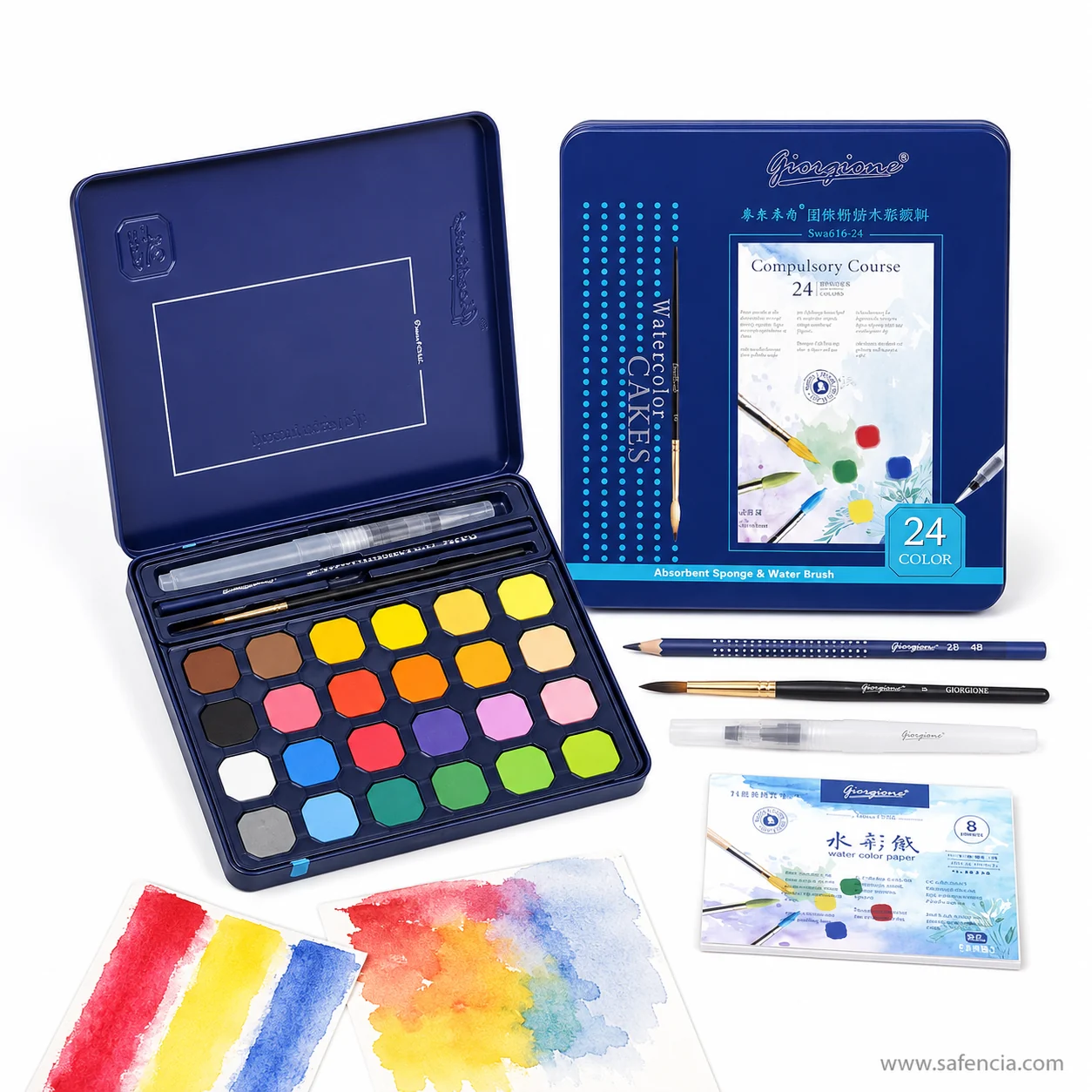 Giorgione cake tin, carton, pencil and paper pack laid out beside a sheet of painted colour swatches
