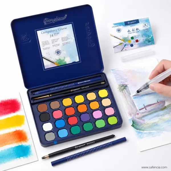 Giorgione Watercolor Cakes, 24 Colours with Brush and Paper
