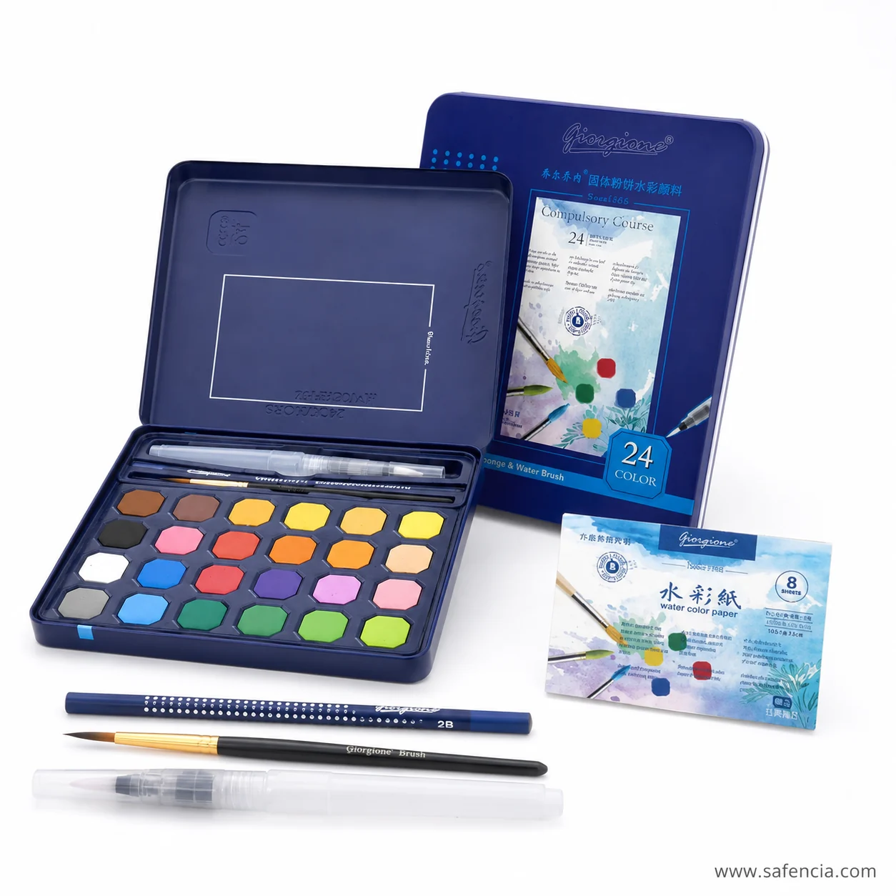 Giorgione tin with the Compulsory Course carton, the paper pack, both brushes and the 2B pencil
