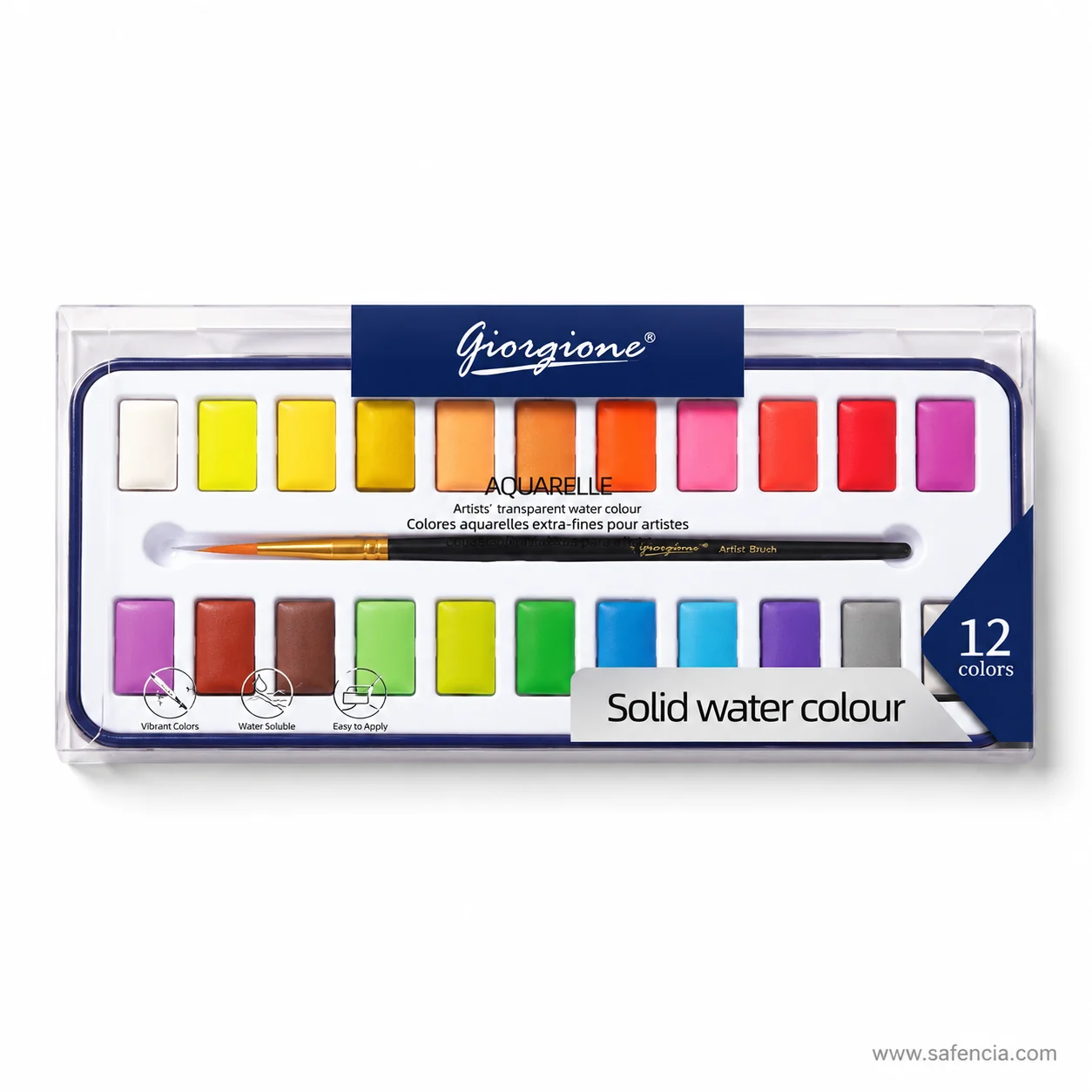 Giorgione solid water colour 12 colour case sleeved, a single row of pans with the brush beside them