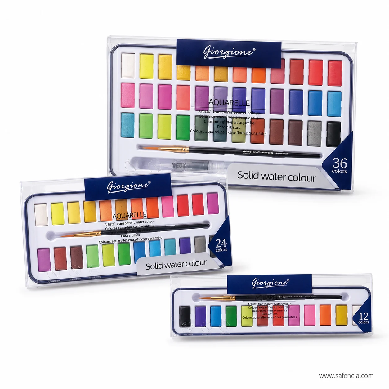 All three Giorgione solid water colour sizes sleeved together, the 12, the 24 and the 36 colour cases