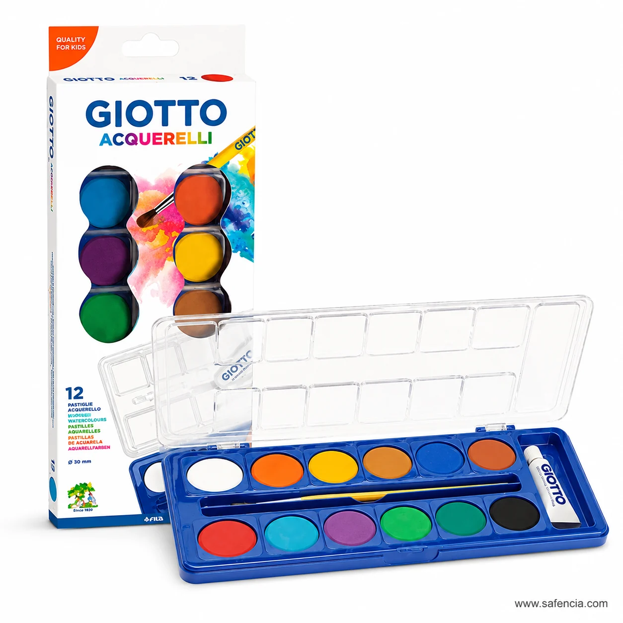 Giotto Acquerelli carton front printed with 12 PASTIGLIE ACQUERELLO and the 30 mm cake diameter
