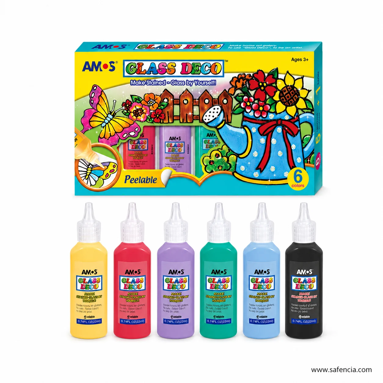 Front of the Amos Glass Deco carton showing the Peelable mark, the 6 colors roundel and Ages 3+