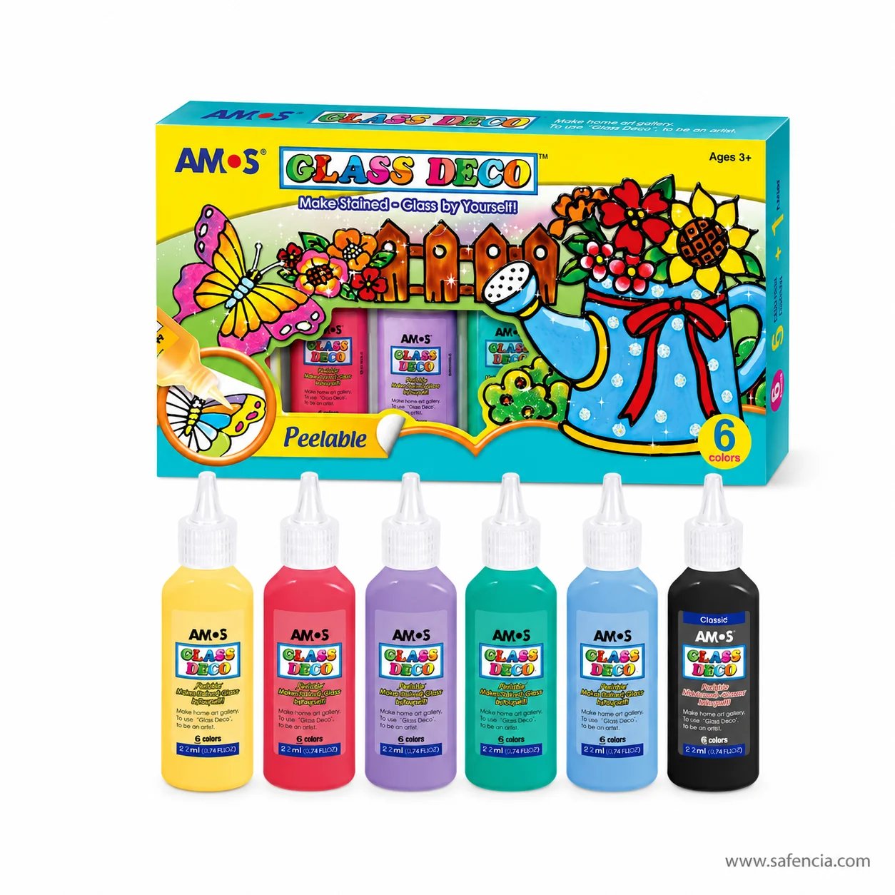 Amos Glass Deco carton and all six colour bottles laid out together against a plain background