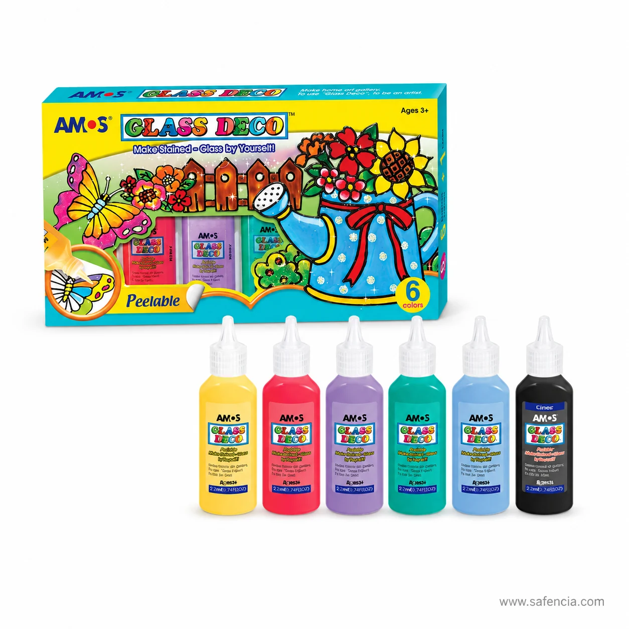 The six Amos Glass Deco bottles angled to show their fine white squeeze nozzles and printed labels