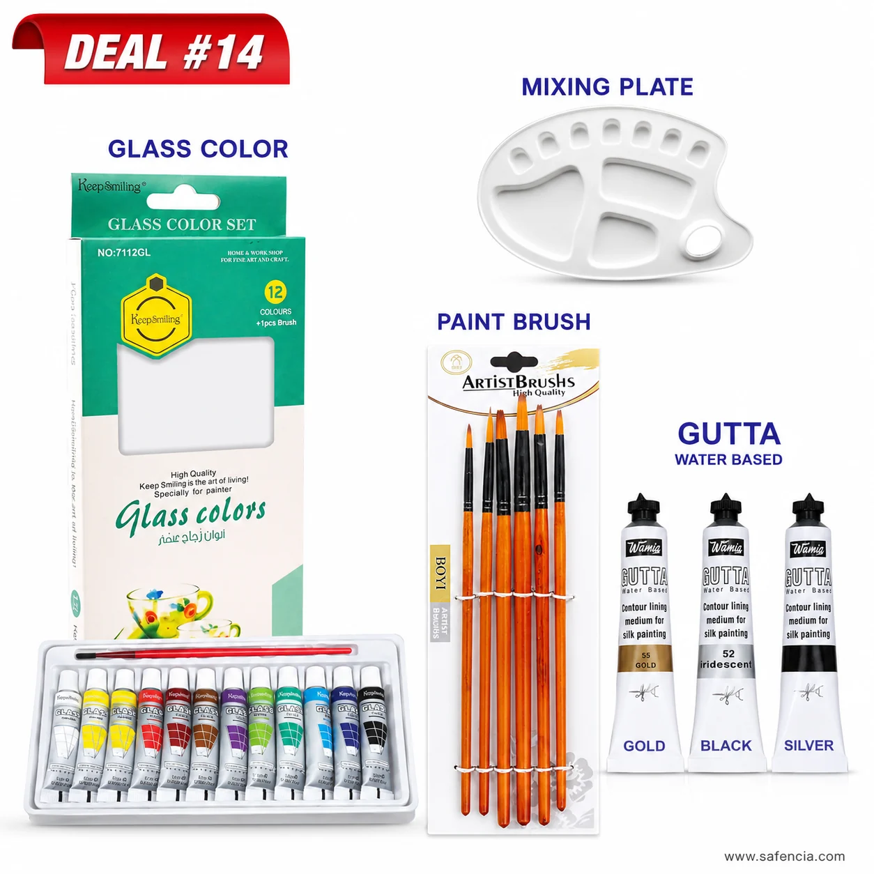 The Keep Smiling glass colour carton and tray beside the gold, black and silver gutta liner tubes