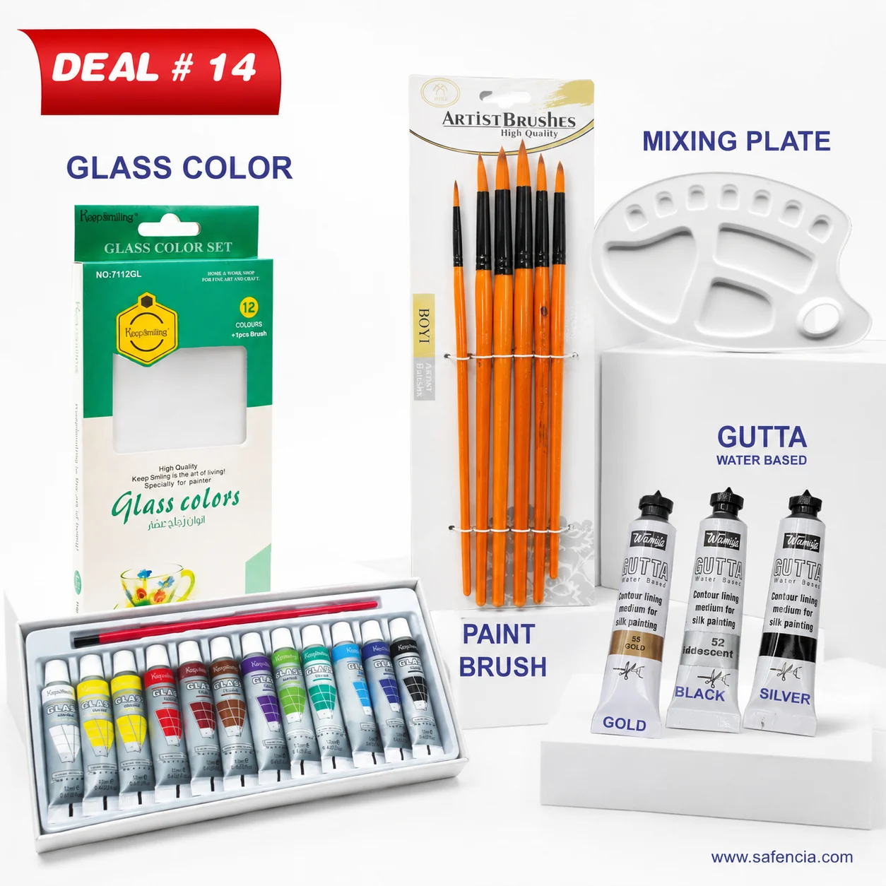 Angled studio view of Glass Painting Deal No. 14 showing the brush card standing beside the colour tray