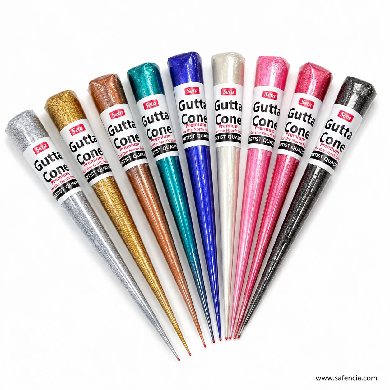 Seta Gutta Cone Premium outliners fanned out to show the silver, gold, copper, teal and blue range
