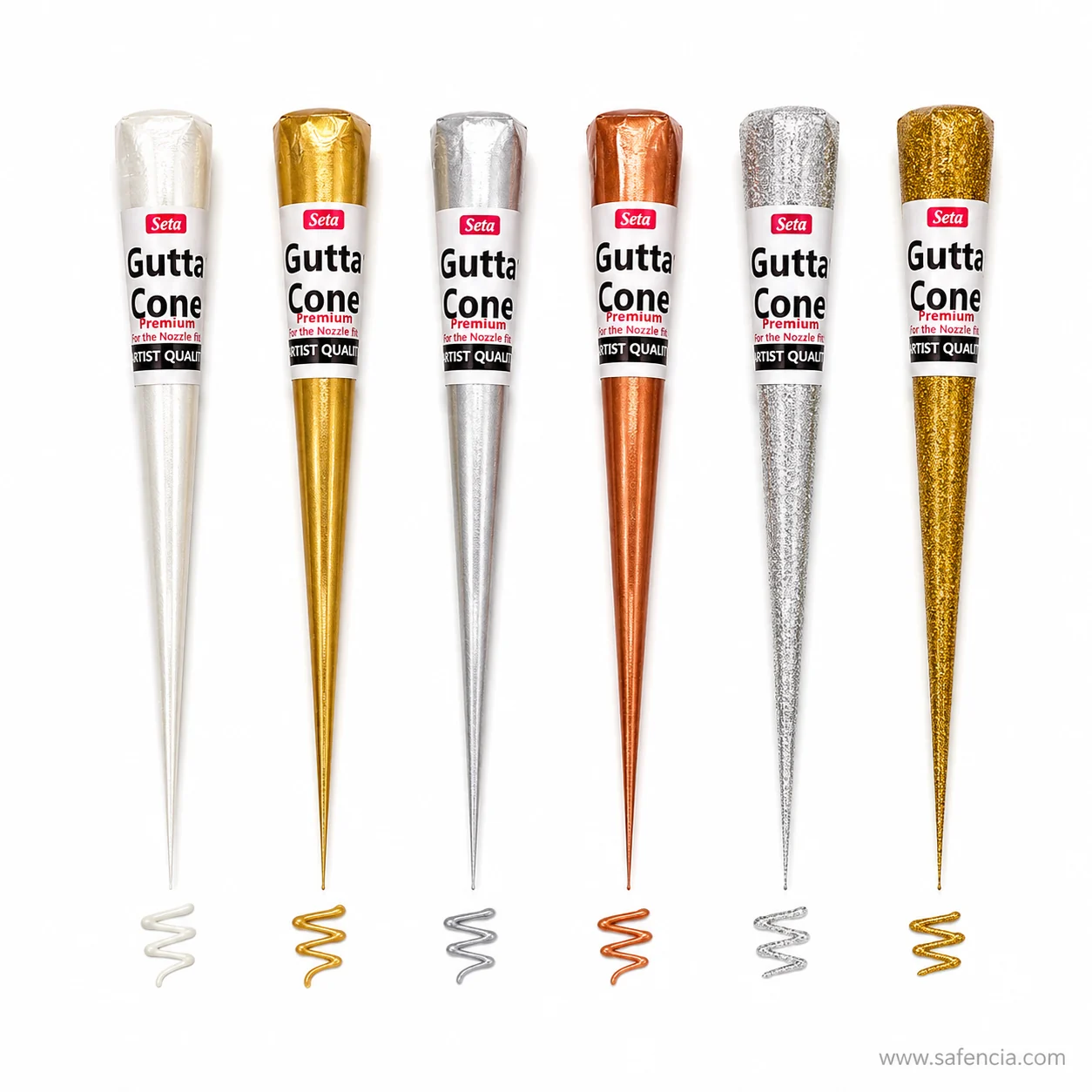 Six Seta gutta cones standing above swatches of the raised line each one draws on white