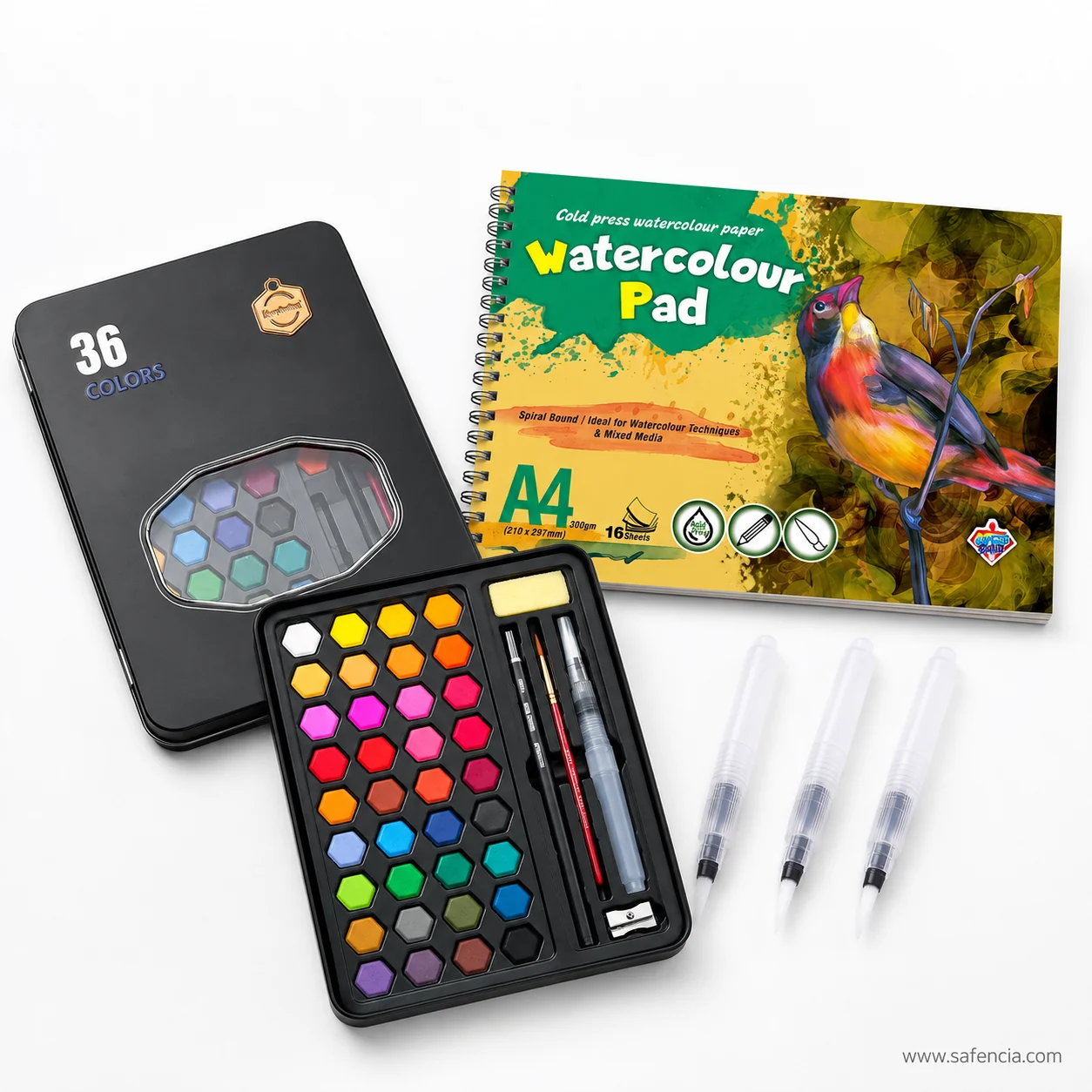 A4 spiral bound cold press watercolour pad marked 300gm and 16 Sheets beside the open paint tin