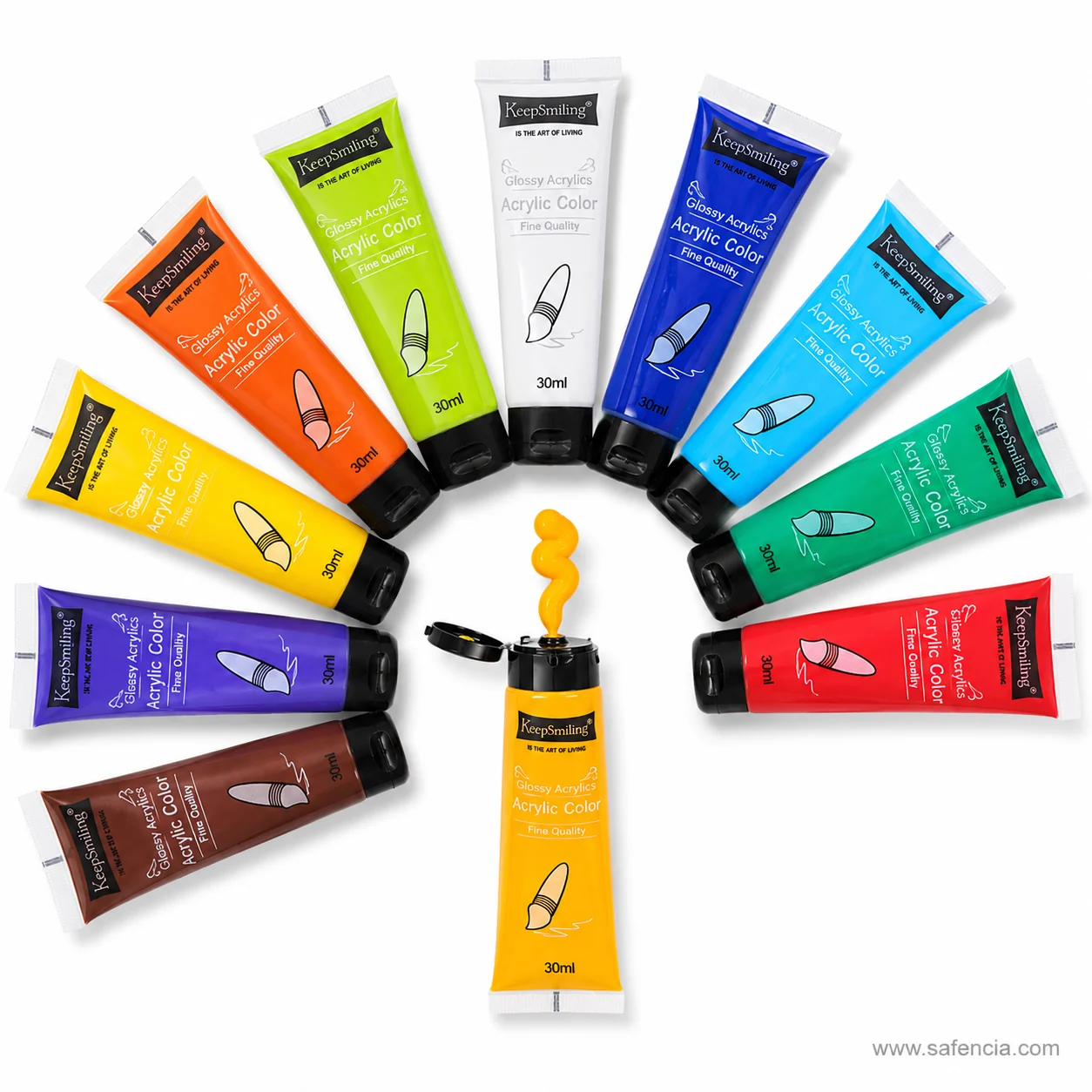 Keep Smiling white Acrylic paint set carton with twelve 30ml tubes lined up below it