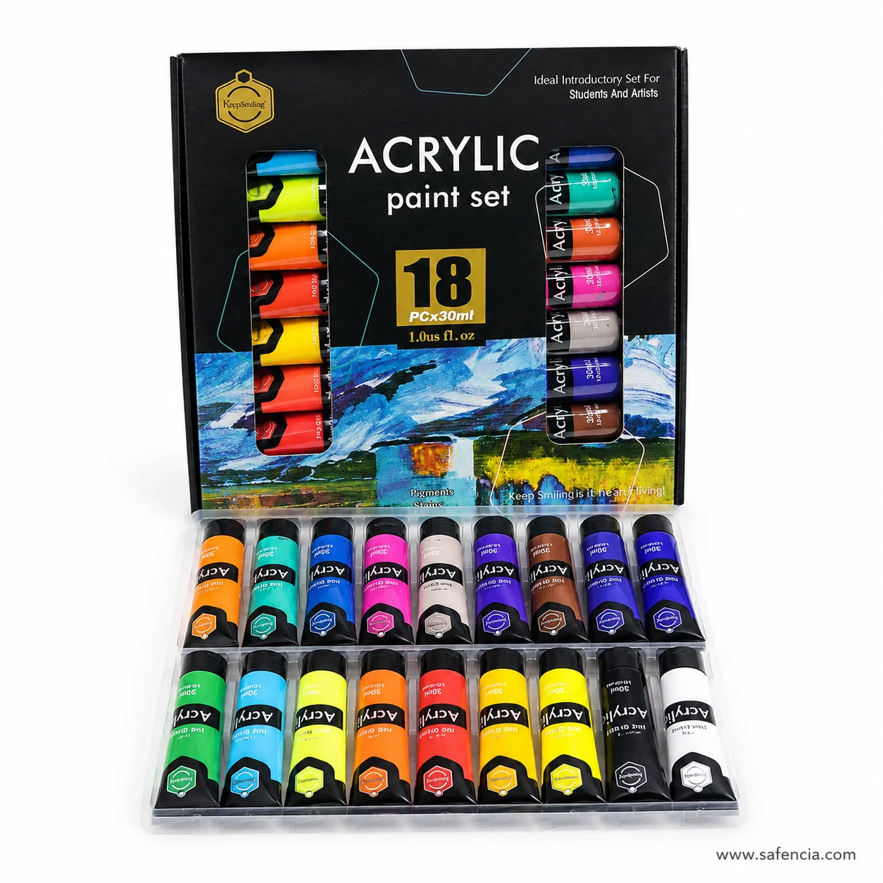 Keep Smiling acrylic paint set 18 PCx30ml box above its tray of eighteen tubes