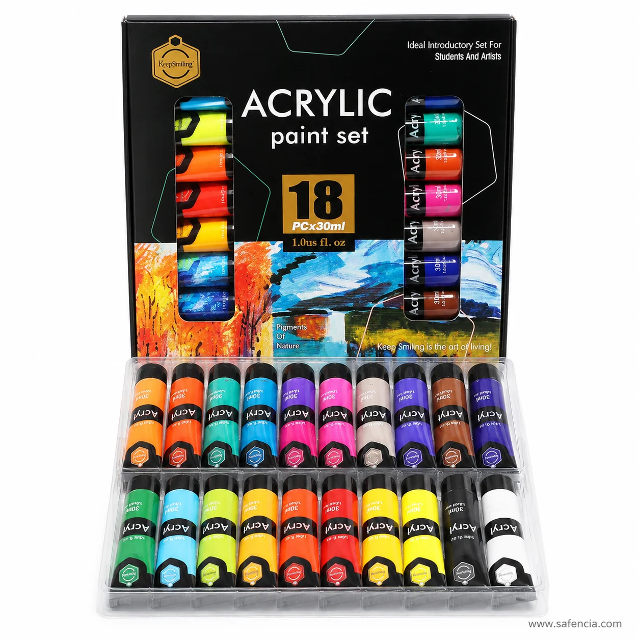 Keep Smiling acrylic 18 colour box standing open above a tray of eighteen 30ml tubes