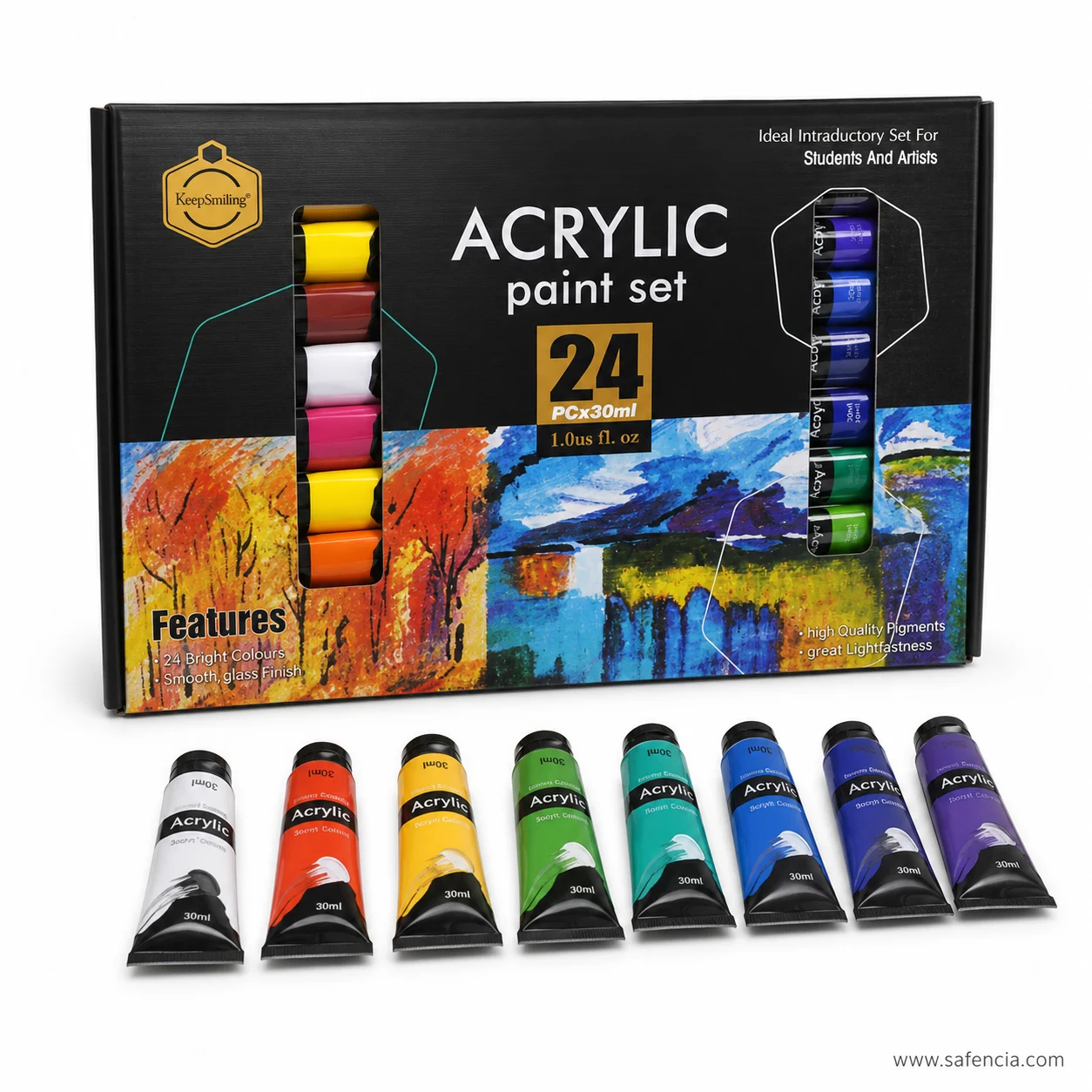 Keep Smiling acrylic 24 colour box with eight 30ml tubes standing in a row in front of it