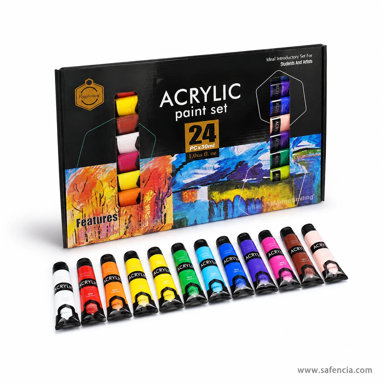 Keep Smiling acrylic paint set 24 PCx30ml box with a row of 30ml tubes standing in front